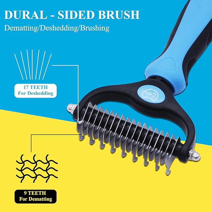 C4P Double Sided Undercoat Rake Brush for Long Haired Dogs & Cats, Shedding and Dematting Tool for Grooming Extra Wide Blue Large