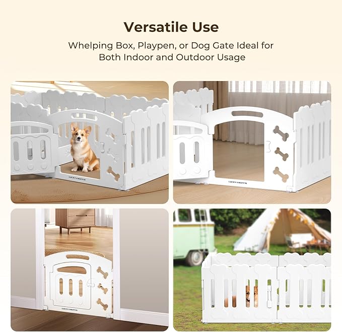 Dog Playpen with Door & Whelping Box, 6-Panel Lightweight Plastic Fence for Small to Medium Pets, Indoor/Outdoor Use, Portable, Durable, Non-Slip, Easy Assembly (White, Regular, 6)