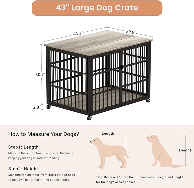 NicBex Dog Crate Furniture Dog Cage with Side Doors Opening, Dog Kennels for Inside Space, Wooden Dog Crate with Iron Doors and Lift Top for Medium and Small Dogs, Grey