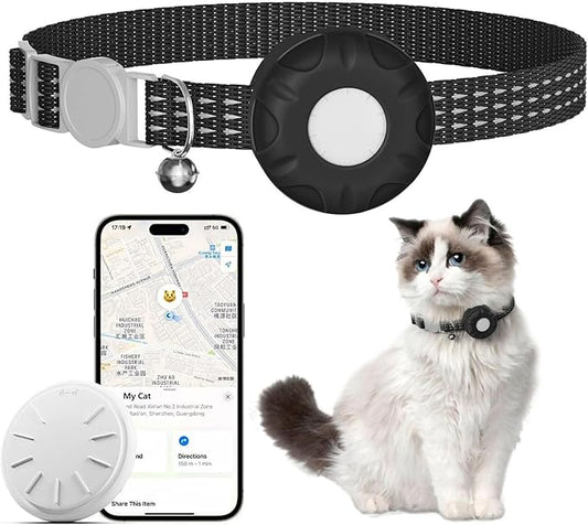 Cat Tracker Collar,No Monthly Fee Tracking Pet Collar with Finder Tag,Compatible with Apple Find My(iOS Only),Breakaway Tractive Design with Reflective Pattern & Bell,Black