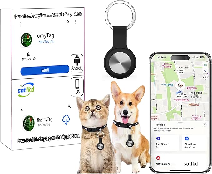 Dog Tracker-Cat Tracker Collar-Pet Tracker-GPS Tracker for Dogs | Android and iOS Universal | No Monthly Fee | No Charging Required | Waterproof | Works with Any Collar
