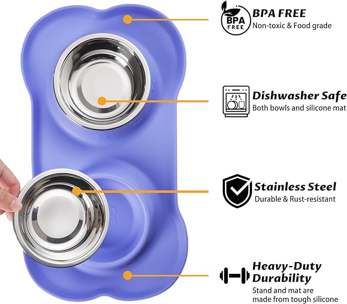 Hubulk Pet Dog Bowls 2 Stainless Steel Dog Bowl with No Spill Non-Skid Silicone Mat + Pet Food Scoop Water and Food Feeder Bowls for Feeding Small Medium Large Dogs Cats Puppies (Large, Purple)