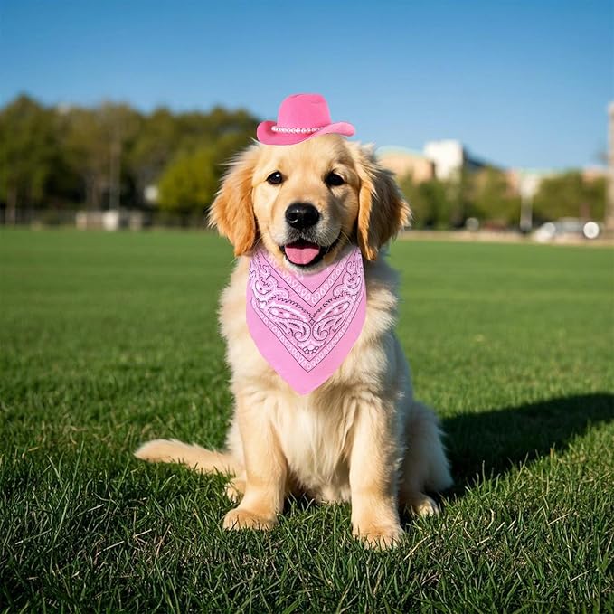 Pet Cowboy Costume Accessories Halloween Costumes for Small Pet Dogs Cat Cowboy Hat for Dogs and Bandana Scarf Halloween Party Western Cosplay Accessories (Pink, Small)