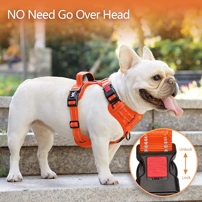 PoyPet No Pull Dog Harness, No Choke Reflective Dog Vest, Adjustable Pet Harnesses with Easy Control Padded Handle for Small Medium Large Dogs(Orange Matching Trim,S)