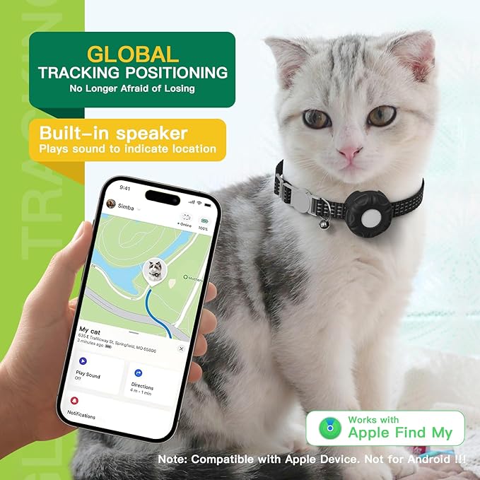 Pet Tracker for Cat, Real-time Cat Tracker with Breakaway Cat Collar, Compatible with Apple Find My(iOS Only), Alarm Alerts, No Monthly Fee, Battery Life Up to 1 Years, Black