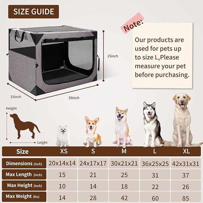Dog Crate,36x25x25 Inch Large Dog Crate for Large or Medium Dogs, Portable and Foldable Design of Dog Cage, Perfect for Travel or Home Use, Dog Kennel with 3-Door and Durable Mesh Windows, Light Grey
