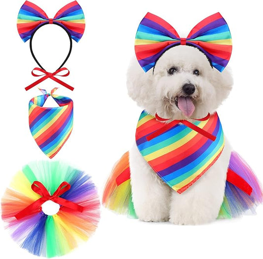 Amylove Dog Rainbow Bandana 3 Pcs Gay Pride Pet Costume Set Includes Bowknot Rainbow Headband Handkerchief and Cute Dog Tutu Pride Accessories for Small Medium Pets Dress Party