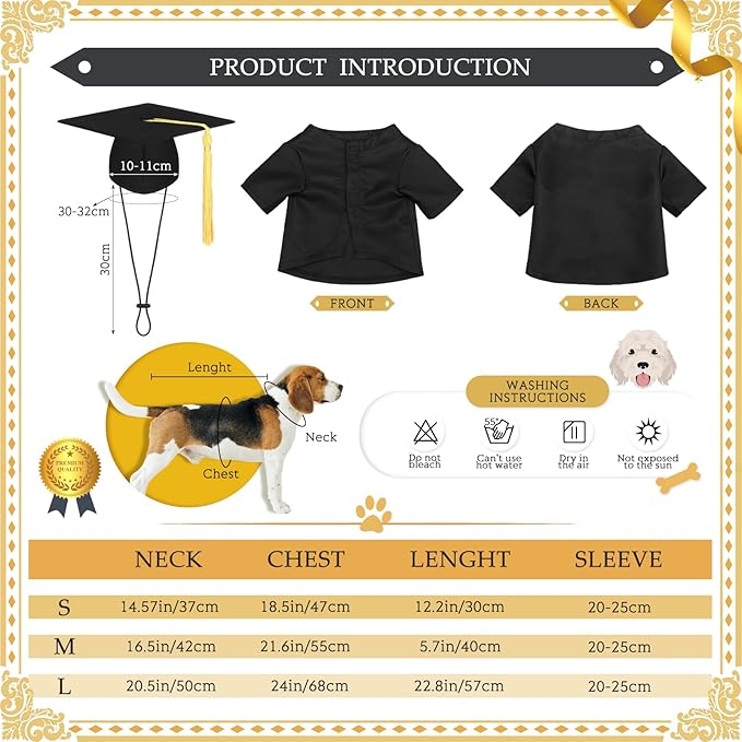 Xuniea 2 Pcs Dog Graduation Costume Set 2025 Dog Graduation Cap and Gown Puppy Hat with Tassel Matte Pet Grad Outfit Cats Grad Bear Holiday Party Costume Accessory(Black,Small)