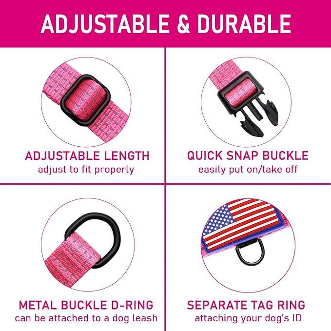 Martingale Collar for Training Dogs. Adjustable Reflective Collars with Buckle-USA Flag- NO Pull-Prevents Slipping Out, for Medium Large XL Dogs. Helps with Strong pullers(L, Pink)