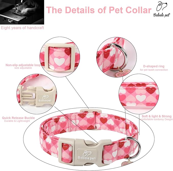 Valentine's Day Dog Collar - Cute Pink Valentines Dog Collar Girl Boy Durable Adjustable Love Heart Pattern Charm Dog Collars for Small Medium Large Dogs XS