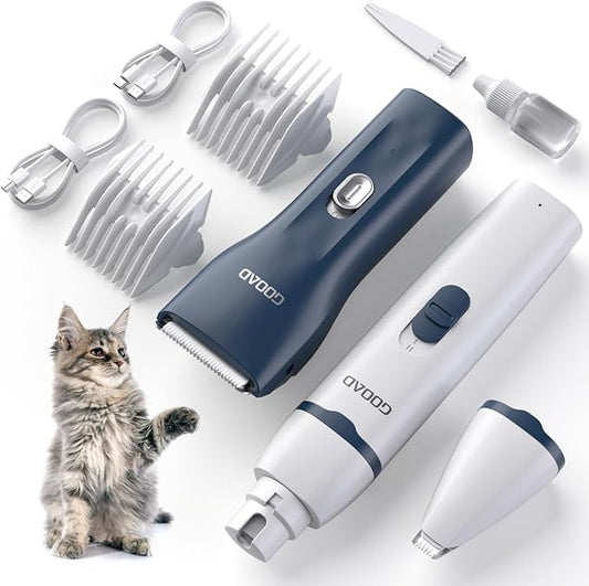 Goood Cat Clippers for Matted & Long Hair - Quiet, Cordless Grooming Kit with Paw Trimmer & Nail Grinder for Cats & Small Pets (Blue)