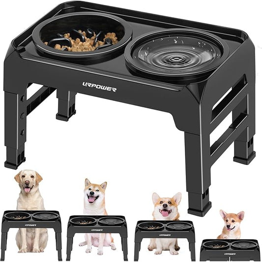URPOWER 2-in-1 Elevated Dog Bowls Mess Proof Slow Feeder with No Spill Water Bowl 4 Height Adjustable Raised Dog Bowl Non-Slip Food and Water Bowls Set for Small Medium Large Dogs