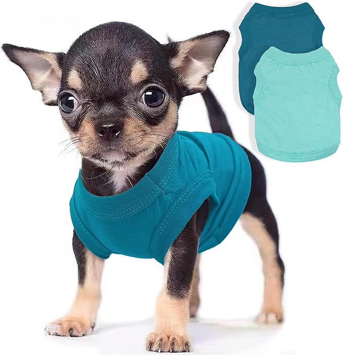 2 Pieces Dog Clothes for Small Dogs Girl Boy Spring Summer Puppy Soft Dog Shirt Solid Color Chihuahua Clothes Pet Clothing Cute Cat Cloth XXS~M (Cyan,Dark Green, Medium)