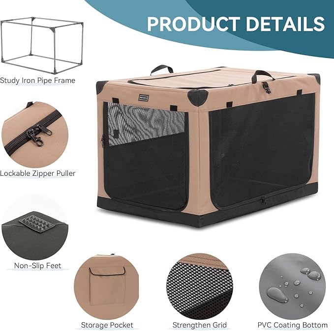 PETSFIT Portable Dog Crate, Soft Sided Dog Crate - 26 Inch Lightweight, Easy Setup, Sturdy Dog Travel Crate, Adjustable Framework with 3 Mesh Door, Collapsible Dog Kennel Khaki