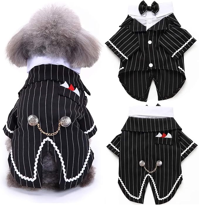 DENTRUN Dog Tuxedo Suit with Bow Tie - Formal Black & White Striped Pet Costume Shirt, Elegant Wedding Outfit Birthday Party Attire for Maltese Dachshund Yorkie Puppies Shih Tzu Small Medium Dogs, M