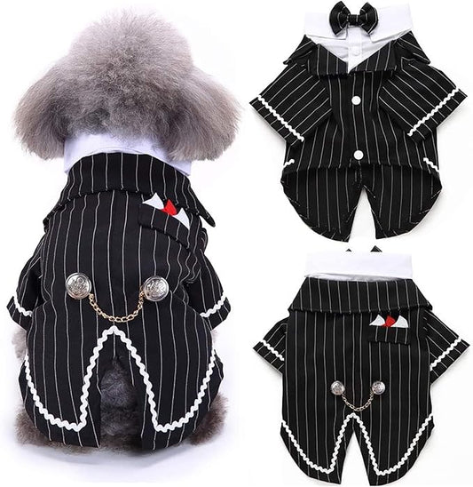 DENTRUN Dog Tuxedo Suit with Bow Tie - Formal Black & White Striped Pet Costume Shirt, Elegant Wedding Outfit Birthday Party Attire for Maltese Dachshund Yorkie Puppies Shih Tzu Small Medium Dogs, M