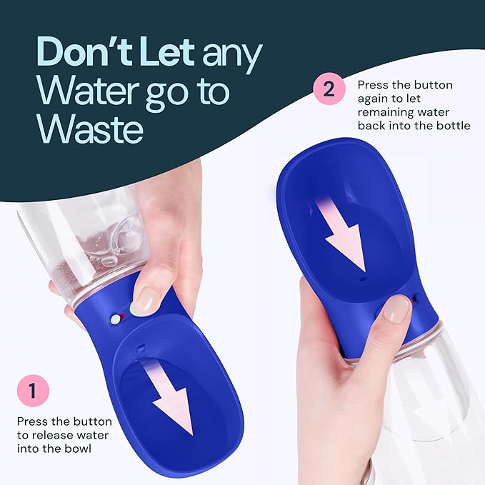 MalsiPree Leak Proof Travel Dog Water Bottle - 12 oz Navy Blue Portable & Lightweight Dog Water Bowl Dispenser - Food Grade Plastic - Puppy Essentials Dispenser Bottle - Pet Road Trip Essentials