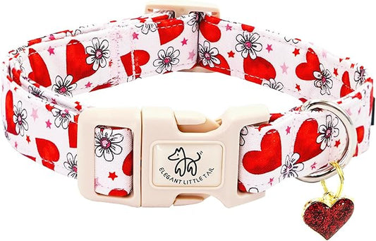 Elegant little tail Valentine's Day Dog Collar-Cute Pink Heart Dog Collar for Medium Dogs, Female or Male Adjustable Cotton Pet Collar with Quick Release Buckle for Small Medium Large Dogs