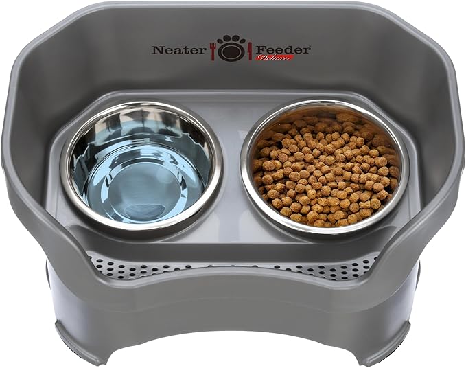 Neater Feeder Deluxe Mess Proof Dog Bowls Elevated for Large Breed – Made in USA – No Spill Raised Dog Food Bowl Stand – Stainless Steel Food and Water Bowl Set, Pet Dish Feeding Station, Grey