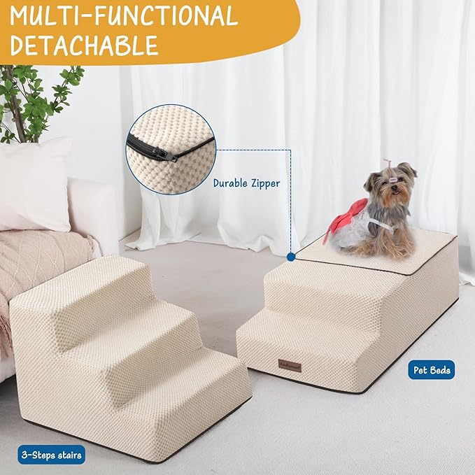 5-Step Dog Stairs to Bed, Dog Steps for High Beds and Couch, Non-Slip Pet Stairs for Small Dogs and Cats,Dog Bed Stairs, Beige, 3/4/5 Steps