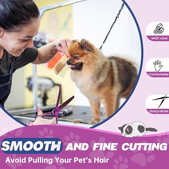 JASON 7" Curved Thinner Dog Scissors - Ergonomic Pet Scissors Purple Curved Blender Dog Shears 440C Stainless Steel Grooming Shears Professional Pet Shears For Groomer (52-Teeth, Down-curved)