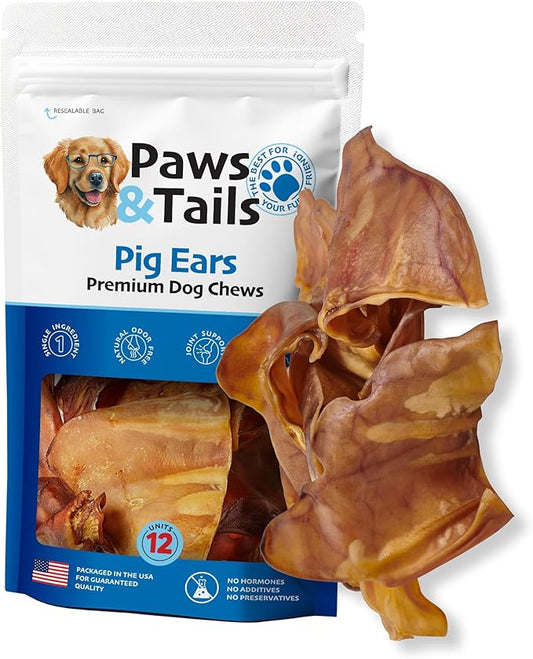 PAWS&TAILS Premium All-Natural Pig Ears for Dogs - Joint Health Support, Thick-Cut - High-Protein, Low-Fat Treats for Dental Hygiene - No Additives or Preservatives. (24, Natural Whole Pig Ears)