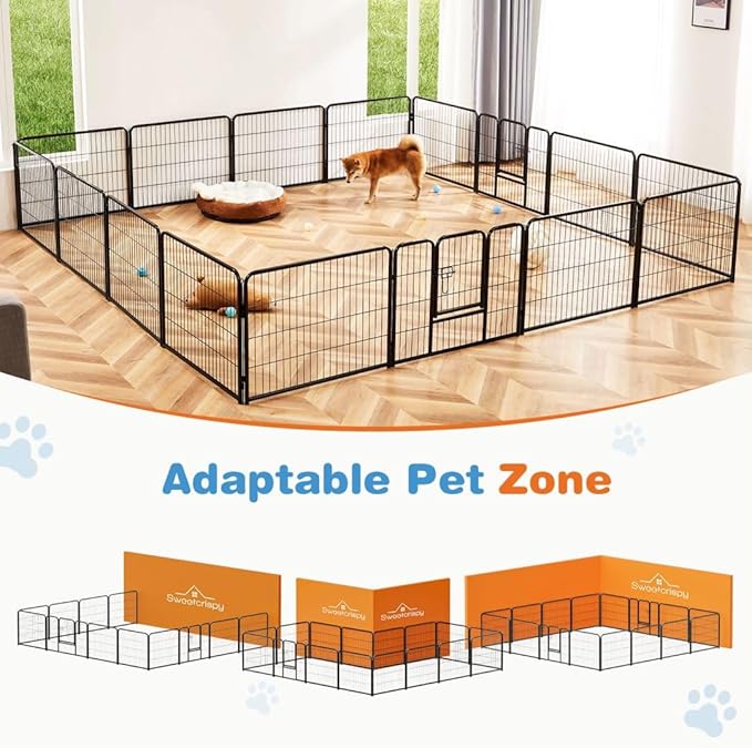 Dog Playpen, 16 Panel 24” Height Puppy Fence Exercise Pen for Yard Gate, Indoor Outdoor Heavy Duty Anti-Rust Metal Playpens with Doors Portable for RV Camping - Small/Medium/Large Pets