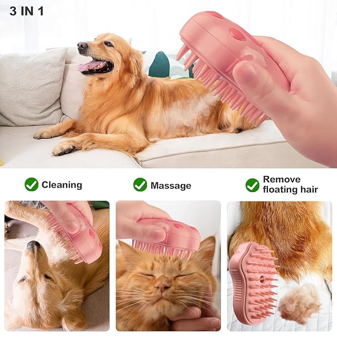 Pet Hair Brush with Mist Function, Pink - Ultimate Grooming Tool for Cats & Small and Medium-sized Dogs, Suitable for All Hair Types, Works with Dry Shampoo and Dander Removal