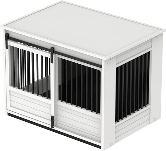 New Age Pet ECOFLEX Barn Door Dog Crate End Table - Antique White, Large - Durable Wood Plastic Composite with Stainless Steel Latch, Easy Assembly, 10 Year Warranty
