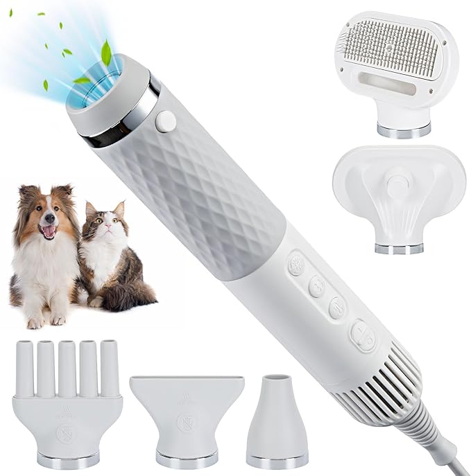 Ownpets 5 in1 Portable Smart Pet Grooming Hair Dryer for Dogs, Smart Temperature Control, Low Noise Dog Blow Dryer with Grooming Brush for Home, Pet Washing Station