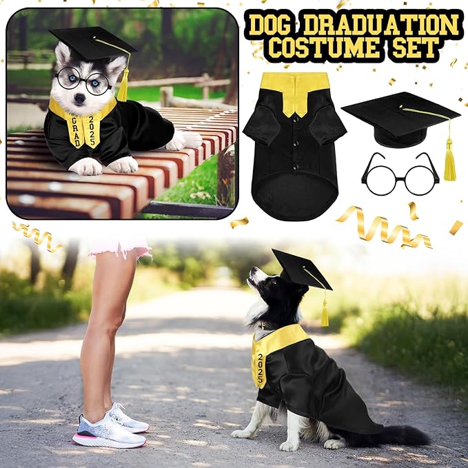 5 Pcs Dog Graduation Costume Set Include 2025 Pet Graduation Gown with Stole Puppy Grad Cap Lensless Glasses DIY Letter Stickers for Dogs Cats Holiday Costume Accessory(Black Yellow,2XL)