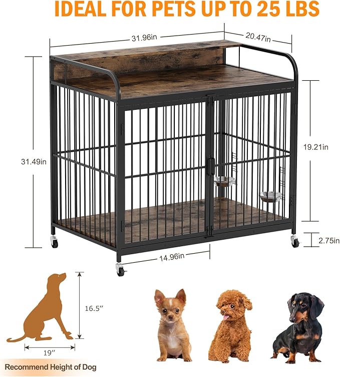 Dog Crate Furniture, Wooden Dog Crate End Table with Adjustable Height & 360° Rotating Feeder, Dog Kennel Indoor with 360° Wheels for Small Dogs, Heavy Duty Dog Crate (31.96''L x 20.47''W x 31.49''H)