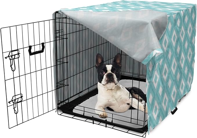 Lunarable Geometric Dog Crate Cover, Nested Diagonal Squares with Tiny Polka Dots Symmetric Repetition, Easy to Use Pet Kennel Cover for Small Dogs Puppies Kittens, 22 Inch, White and Pale Teal