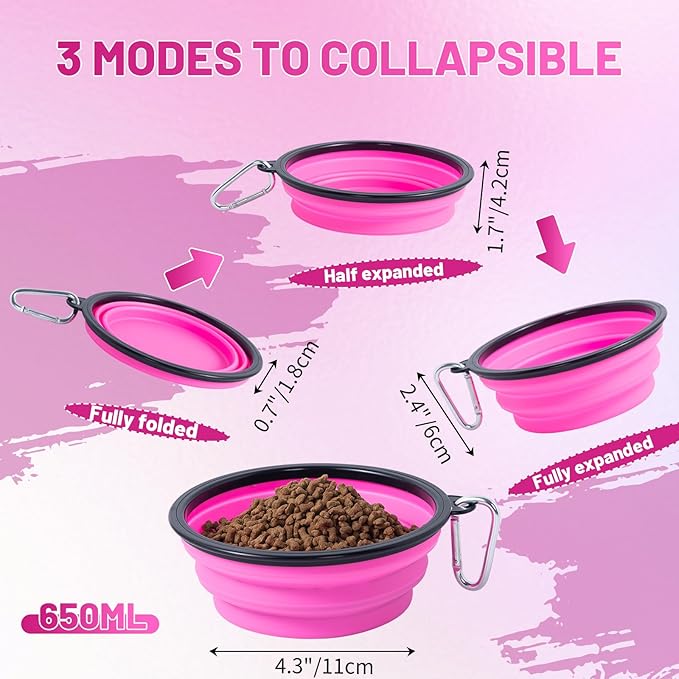 Dog Bowl Pet Collapsible Bowls, 2 Pack Collapsible Dog Water Bowls for Cats Dogs, Portable Pet Feeding Watering Dish for Walking Parking Traveling with 2 Carabiners (Pink+Purple, Medium)