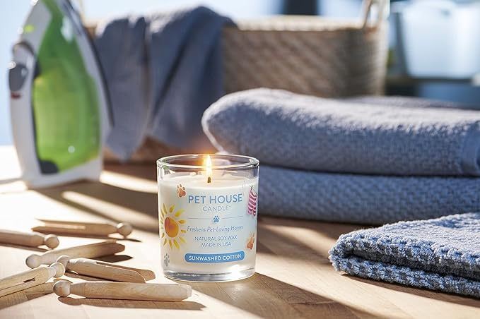 One Fur All 100% Natural Soy Wax Candle, 20 Fragrances - Pet Odor Eliminator, Appx 60 Hrs Burn Time, Non-toxic, Eco-Friendly Reusable Glass Jar Scented Candles – Pet House Candle, Sunwashed Cotton