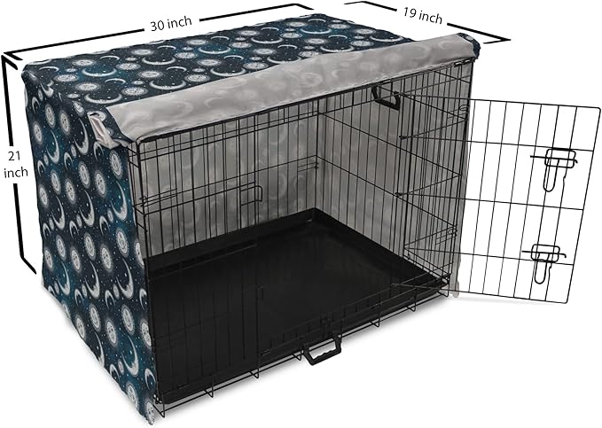 Ambesonne Sun and Moon Dog Crate Cover, Heavenly Bodies in Starry Night Sky Graphic Theme, Easy to Use Pet Kennel Cover for Cats & Medium Dogs, 30 Inch, Blue Grey