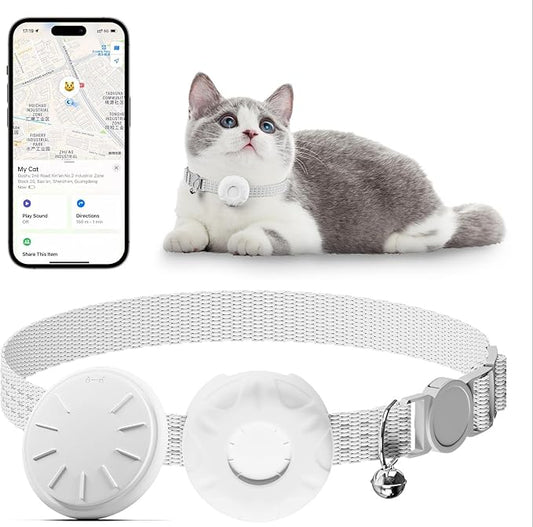 Cat Tracker, Cat Tracker Collar with Safety Elastic Buckle, Works with Any Collar,Compatible with Apple Find My App (Only iOS), No Monthly Fee, Waterproof, White