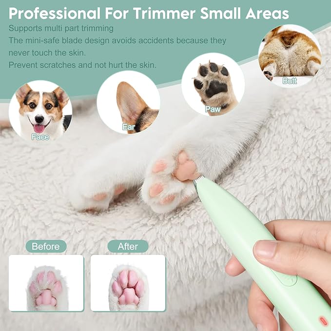 Dog Clippers for Grooming, Dog Paw Trimmer, Pet Paw Trimmer, Mini Trimmer for Dogs, Rechargeable, Low Noise for Trimming Dog Cat Hair Around Paws, Eyes, Ears, Face, Rump (Green)