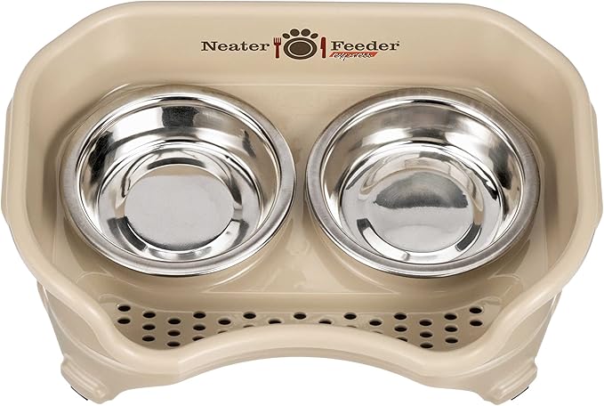 Neater Feeder Express Mess Proof Cat Bowls Elevated, No Spill Cat Feeding Station, Stainless Steel Cat Dishes for Food and Water, Raised Cat Bowls for Indoor Cats, Whisker Friendly Bowls, Almond