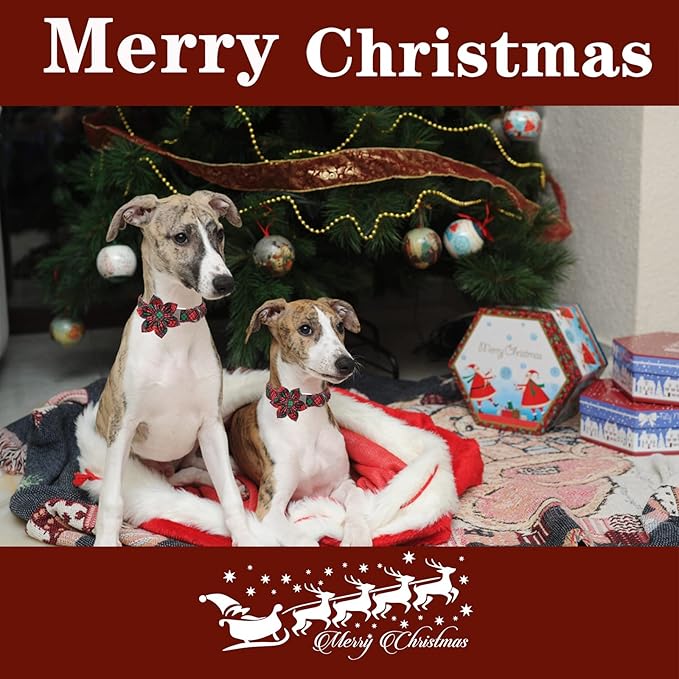 Unique style paws Christmas Dog Collar with Flower Tie Red Green Plaid Adjustable Cotton Puppy Collar for Small Medium Large Dogs-S