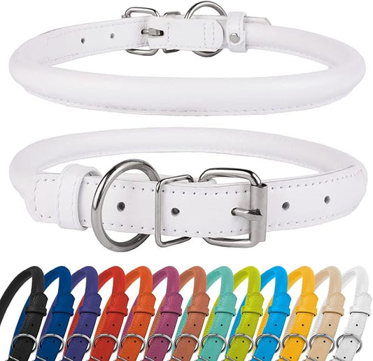 CollarDirect Rolled Leather Dog Collar, Soft Padded Round Puppy Collar, Handmade Genuine Leather Collar Dog Small Large Cat Collars 13 Colors (6 Inch, White Textured)