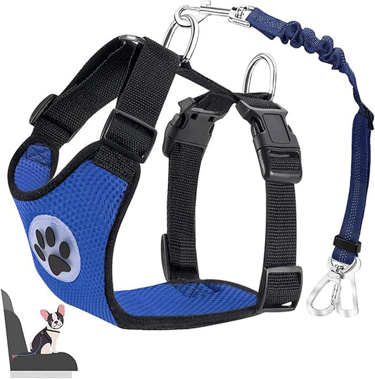 Lukovee Dog Safety Vest Harness with Seatbelt, Dog Car Harness Seat Belt Adjustable Pet Harnesses Double Breathable Mesh Fabric with Car Vehicle Connector Strap for Dog (XX-Small, Blue - Double Clip)