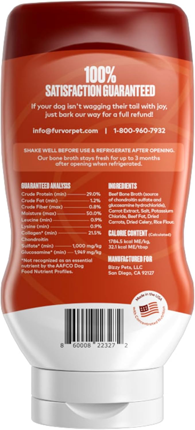 Beef Bone Broth for Dogs - Collagen Protein Supplement for Digestion, Mobility, Coat, Immune System, Healthy Dog Food Topper, Human Grade Meal Boost Gravy, Just Add Water, Made in USA 16 oz