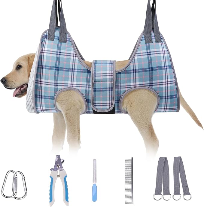 BEAUTYZOO Dog Grooming Hammock, Medium Dog Sling for Nail Trimming, Dog Hanging Harness for Claw Care with Thick Fabric Neck Support Wide Strap Restraint Cat Grooming Hammock, Blue M