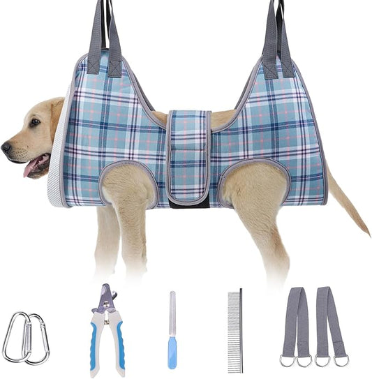 BEAUTYZOO Dog Grooming Hammock, Medium Dog Sling for Nail Trimming, Dog Hanging Harness for Claw Care with Thick Fabric Neck Support Wide Strap Restraint Cat Grooming Hammock, Blue M