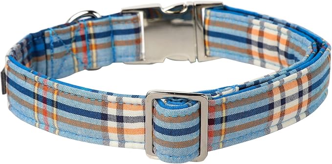 Lionet Paws Boy Dog Collar, Comfortable Adjustable Cute Blue Plaid Collar with Metal Buckle for Male Dogs Gift, Medium, Neck 13.5-22 inches
