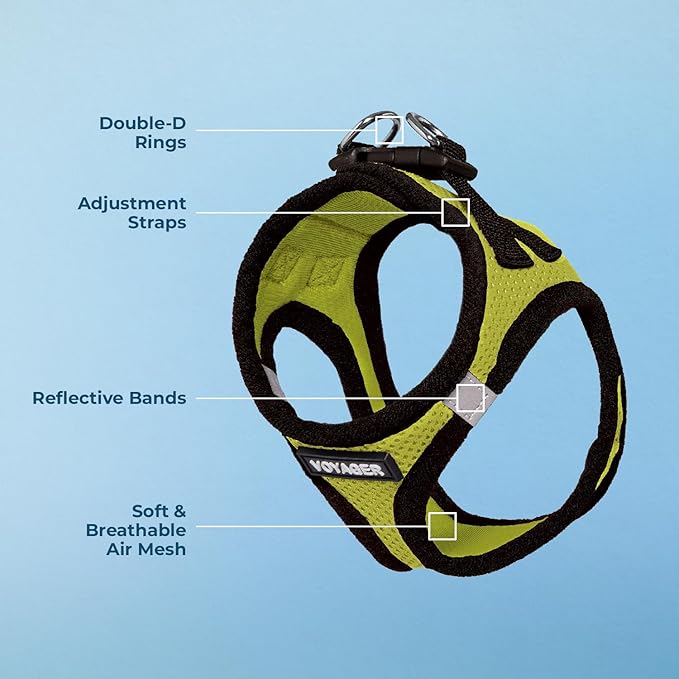 Voyager Step-in Air Dog Harness - All Weather Mesh, Reflective, No Pull Harness for Small, Medium Dogs, Cats - Secure with Hook & Loop Fastener, Buckle, Double D-Rings - Lime Green/Black Trim, XS