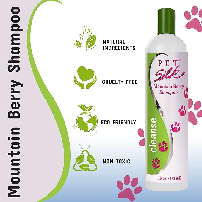 Pet Silk Shampoo - Long Lasting Fresh Scent - Clean and Condition Pet's Fur - Gentle Odor Remover for Puppies, Dogs and Cats (Mountain Berry - 16 oz)