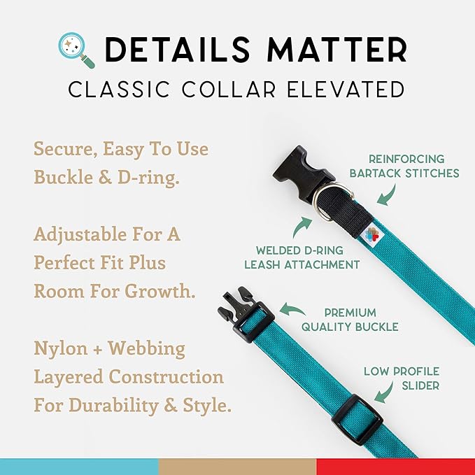 Dog Collar, Lightweight, Heavy Duty Dog Collar with Buckle, Fabric Pet Collar, Breathable & Adjustable Puppy Collar, Dog Collar for Large Dogs (Turquoise, Large - 14-24 Inch) - Wildebeest