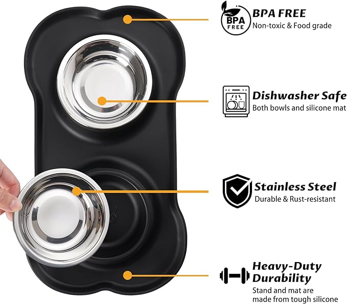 Hubulk Pet Dog Bowls 2 Stainless Steel Dog Bowl with No Spill Non-Skid Silicone Mat + Pet Food Scoop Water and Food Feeder Bowls for Feeding Small Medium Large Dogs Cats Puppies (S, Black)